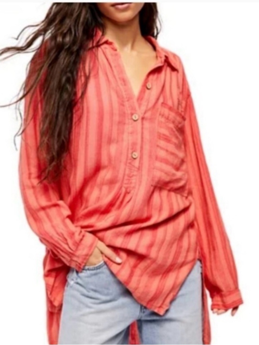 We The Free Coral Stripe Button-Front Tunic